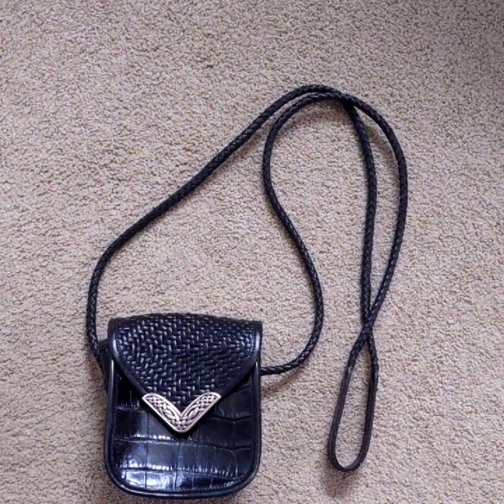 Brighton Crossbody, Small/Mini black leather with braided strap, Vintage